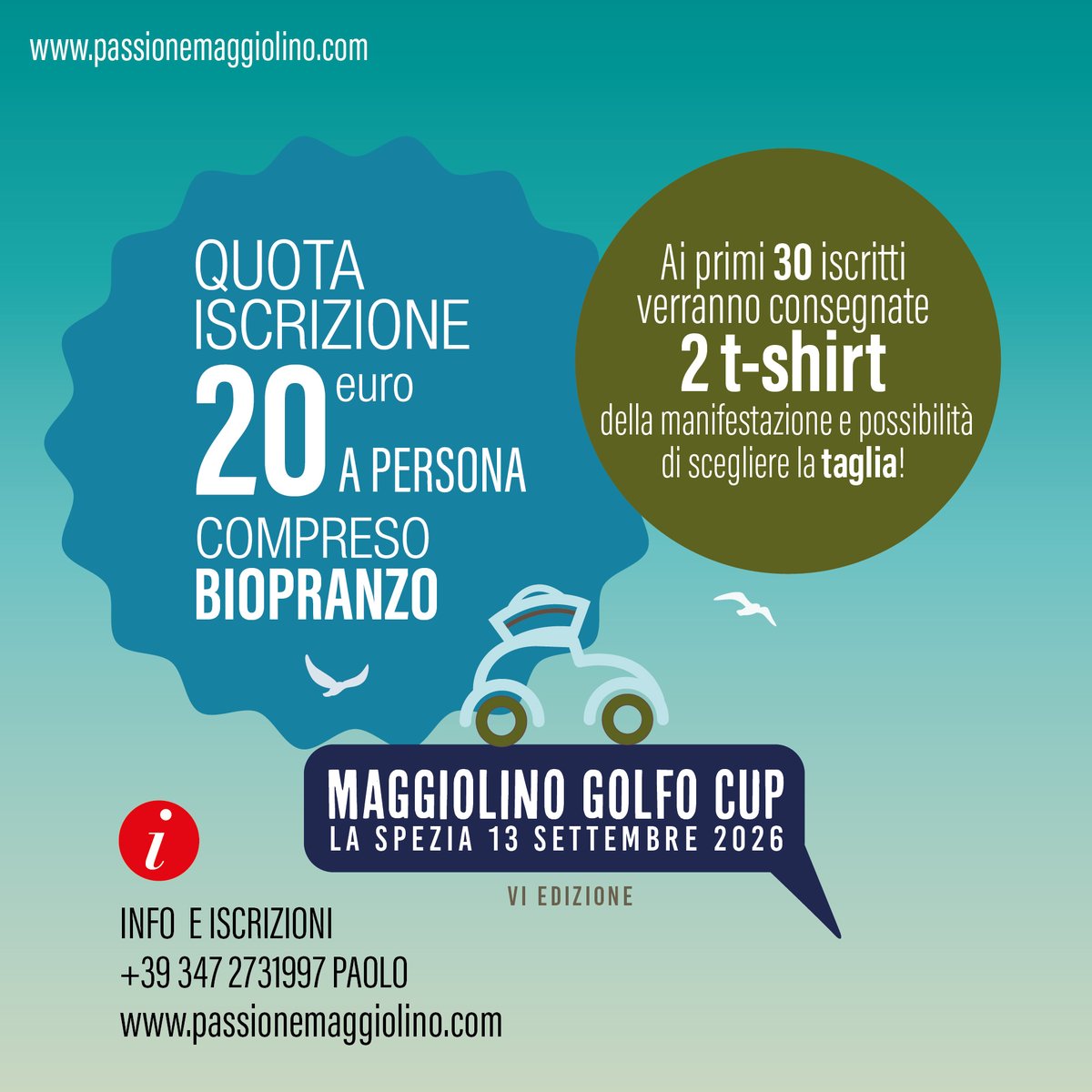 Quota iscrizione 20 euro a persona compreso biopranzo, 2 t-shirt ai primi 30 iscritti